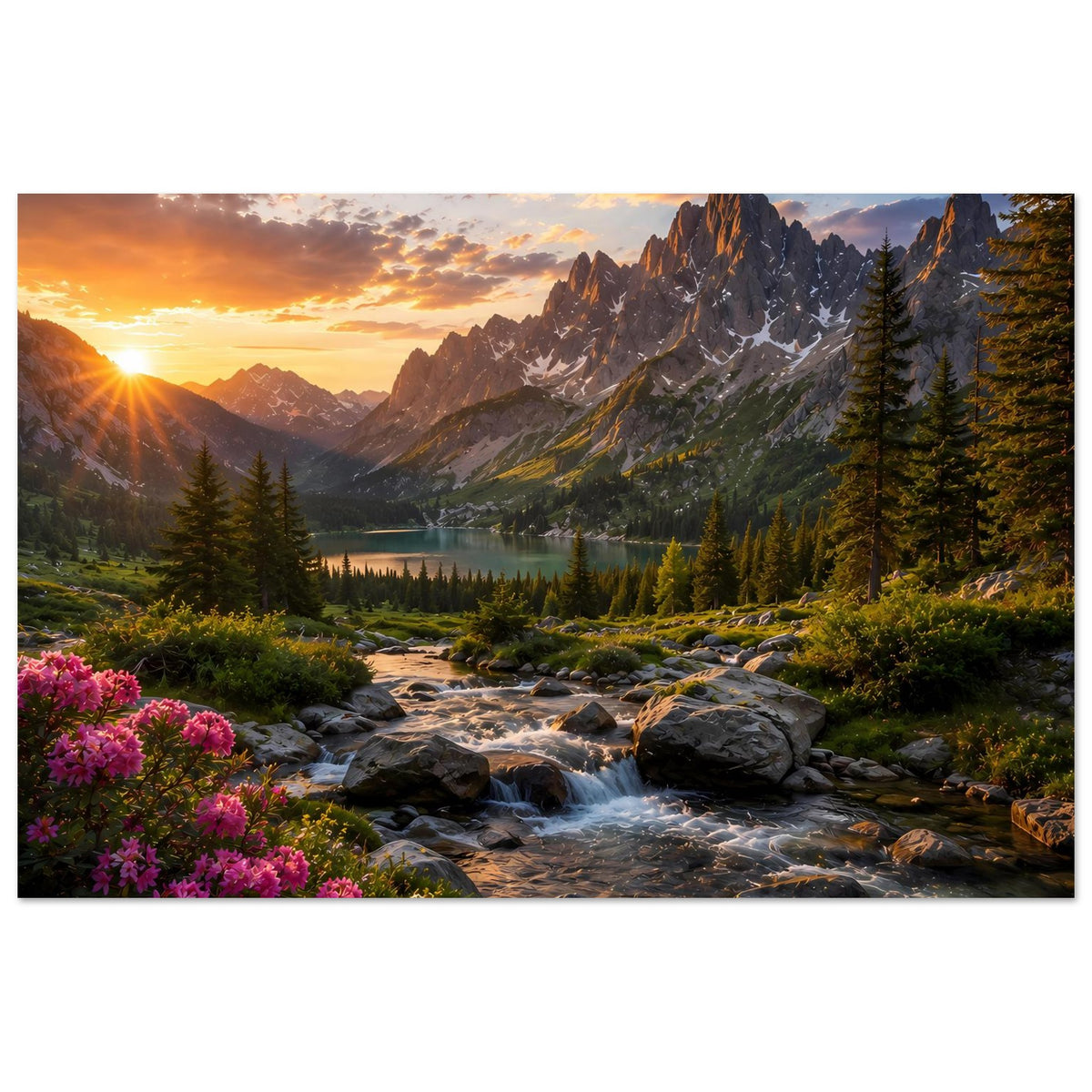 Querformatiges Landschafts-Poster mit Sonnenaufgang: Bergkämme, Fluss, See und Fichten