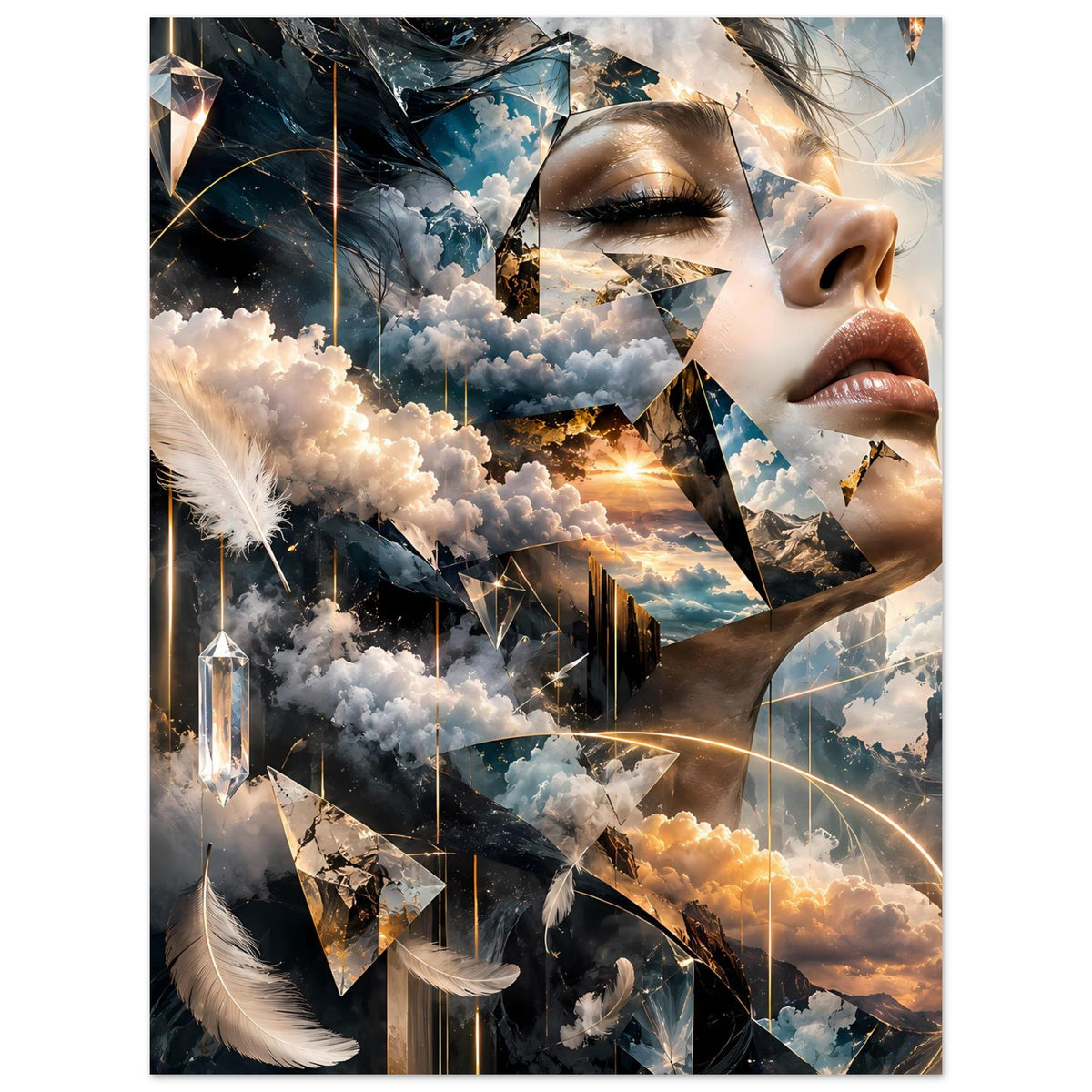 Surrealistisches Poster im Hochformat, Fokus auf Gesicht, Wolken und goldene Lichtkreise