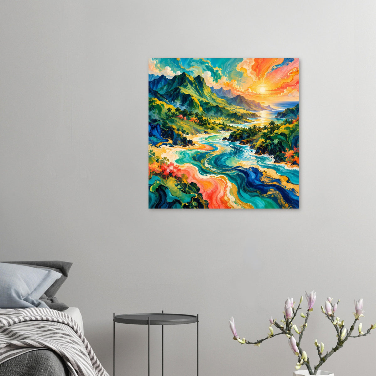Kleines Tropisches Sonnenuntergangs-Poster, horizontal: Sonnenuntergang, Palmen und Küstenwellen