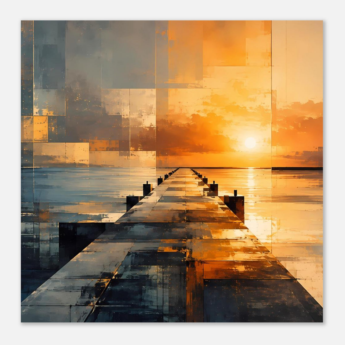 Poster mit abstraktem Seepier, Sonnenuntergangsbild in Orange und Dunkelblau, rechteckig