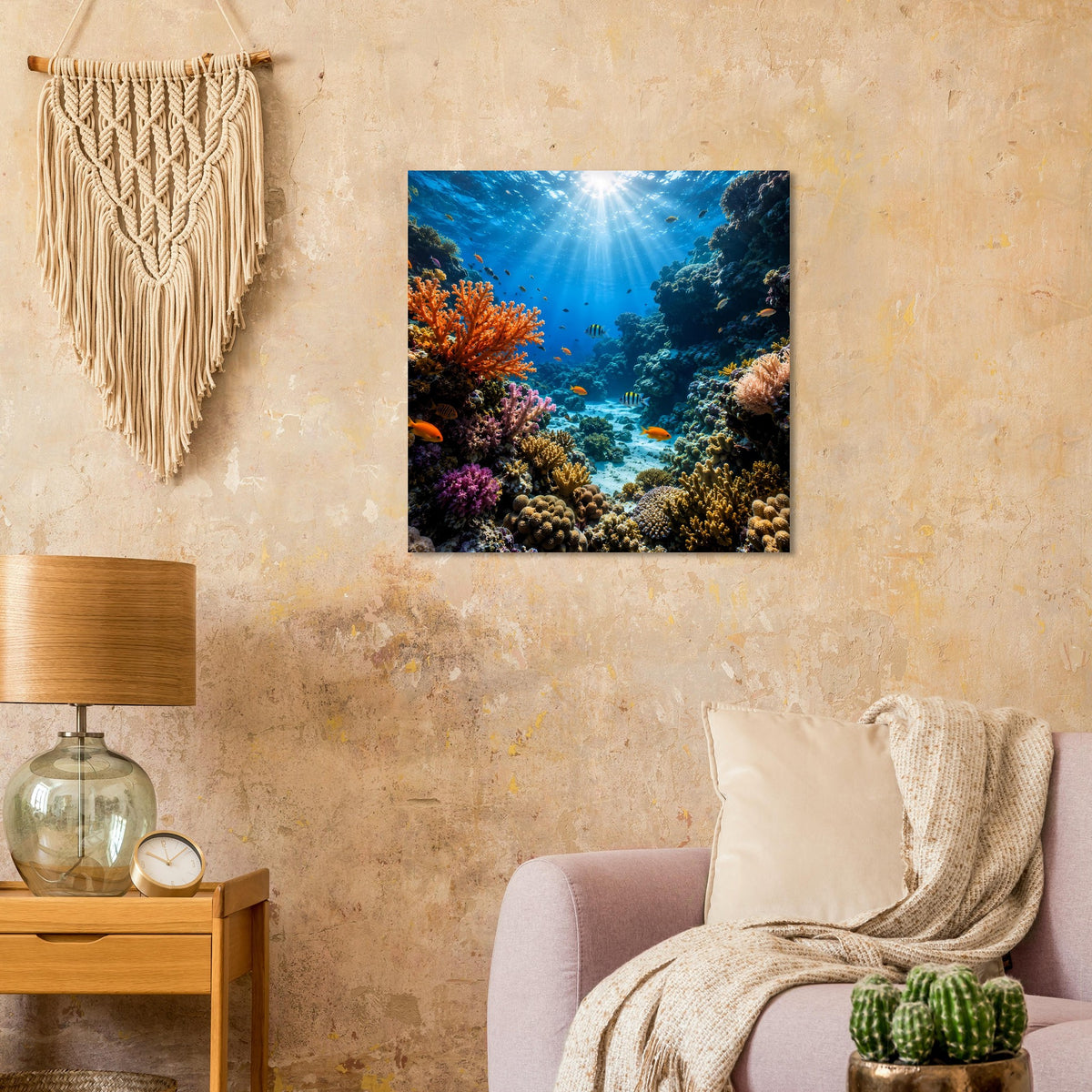 Quadratisches Unterwasser-Korallenriff-Poster mit bunten Korallen im Blau/Türkis