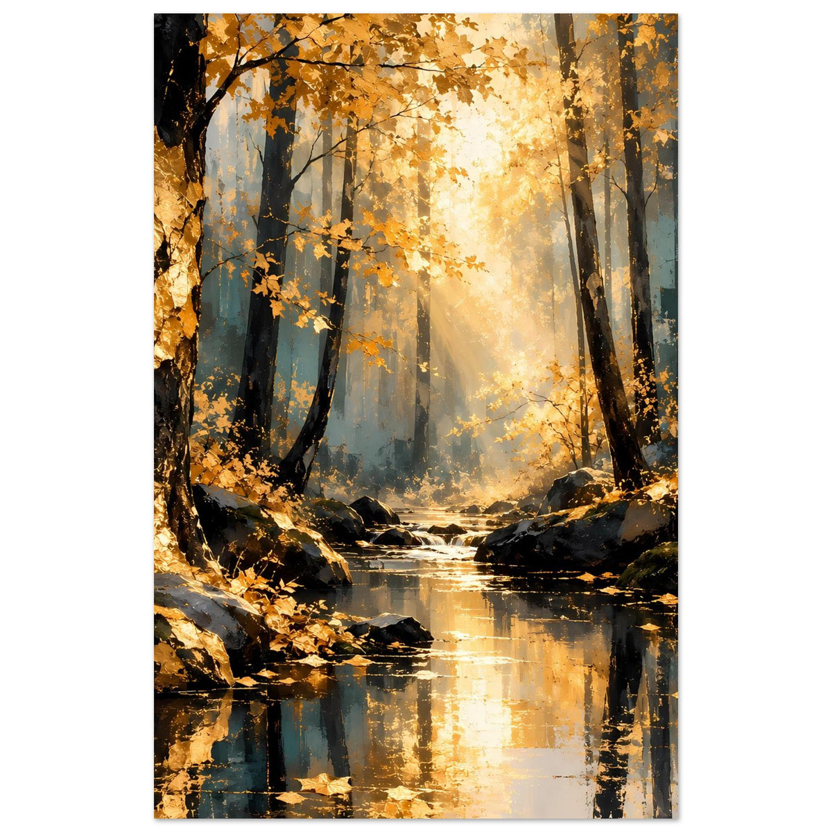 Herbstwald-Poster, vertikal zugeschnitten: goldener Lichtschein, Fluss und Reflexionen