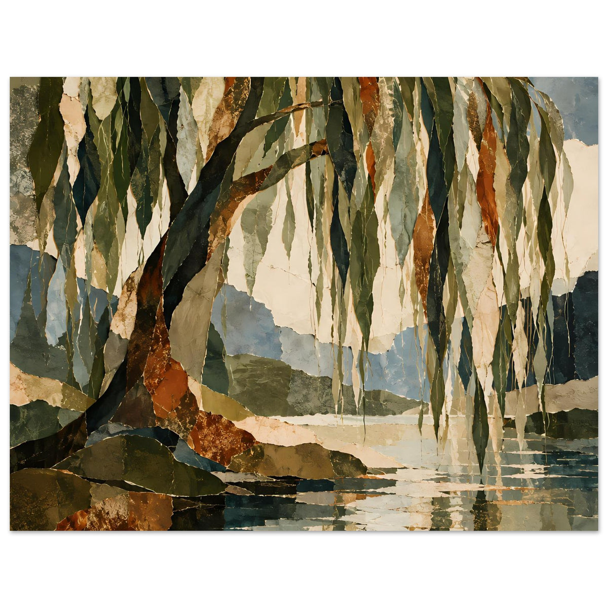 Wandposter mit Birken am See, ruhiges Wasser mit Reflexionen und warmen Herbsttönen