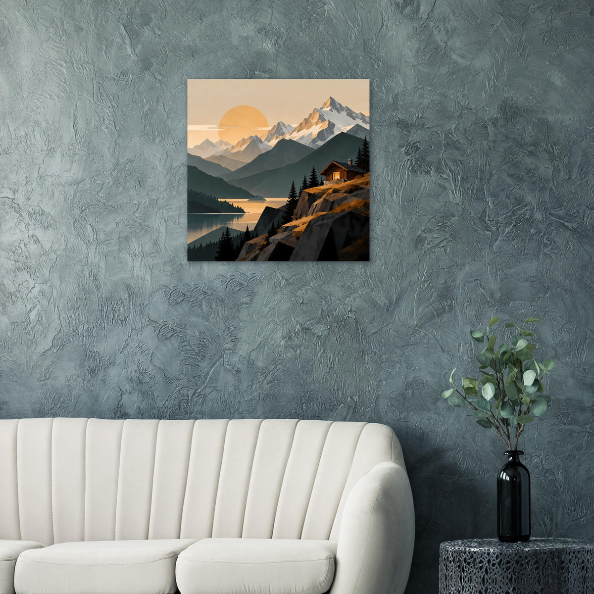 Quadratisches Poster mit Alpenlandschaft, Bergen, See und Hütte