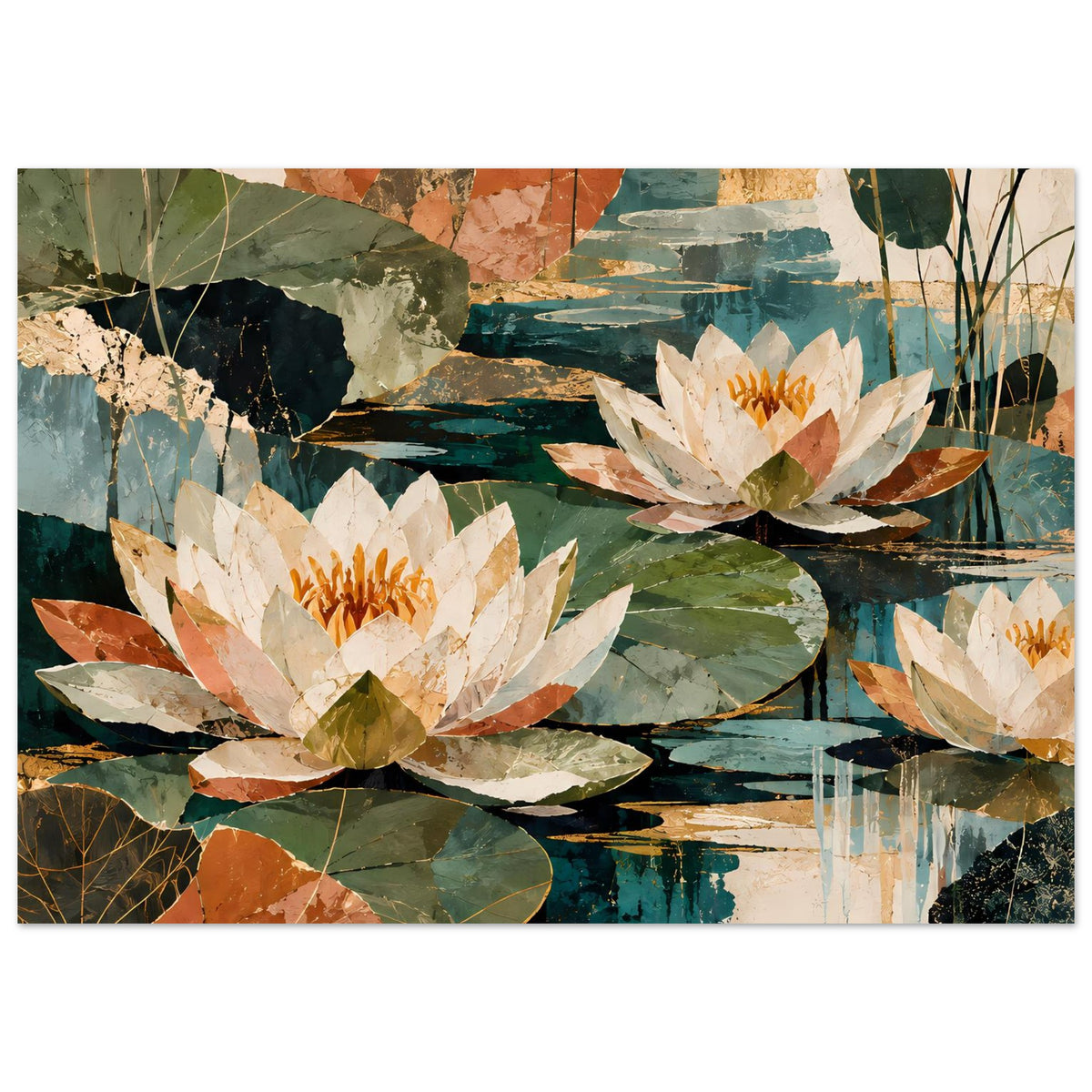 Botanisches Poster mit drei weißen Seerosenblüten und orangegelben Staubblättern