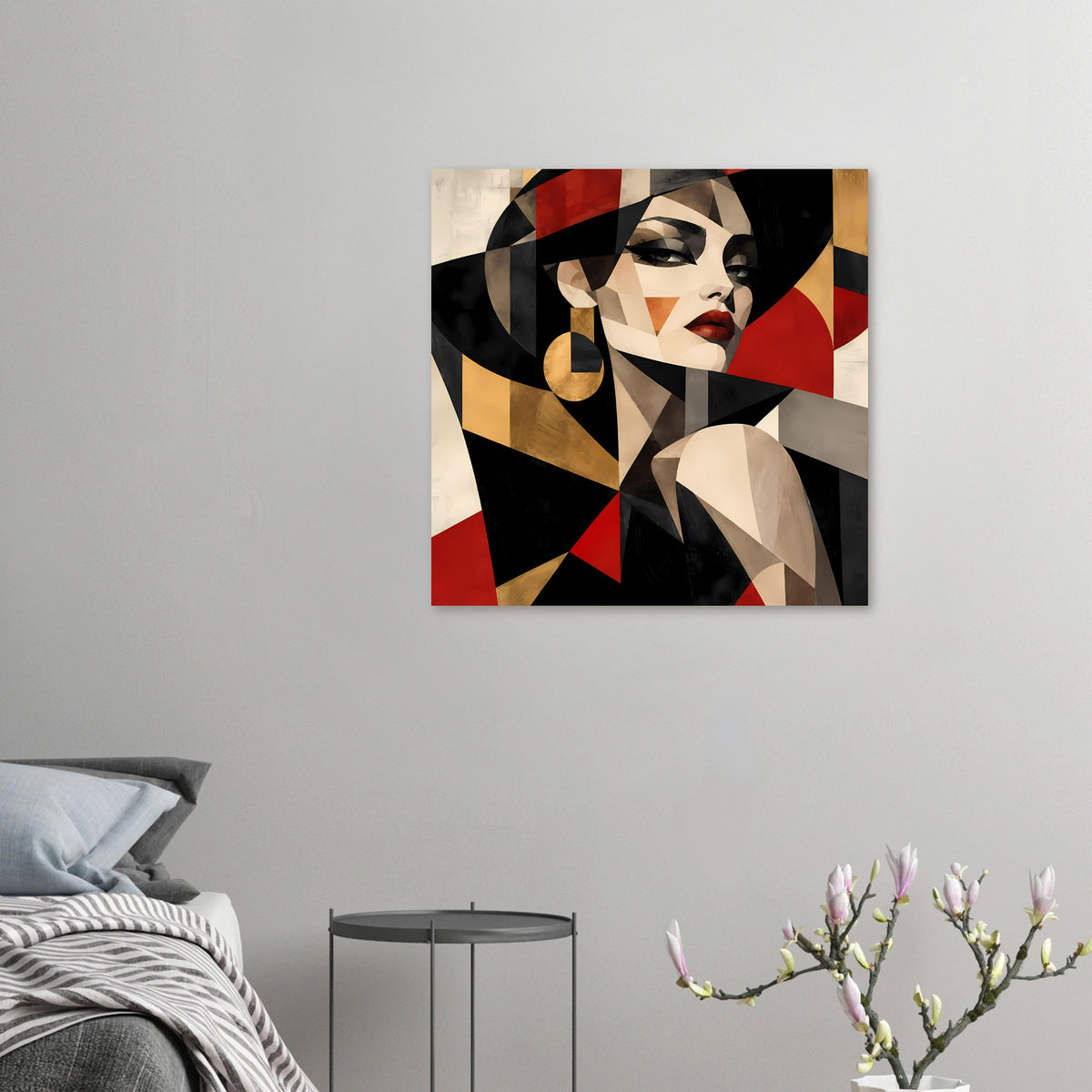 Kleines, gerahmtes abstraktes Frauenporträt: rote Lippen, schwarze und goldene Geometrie.