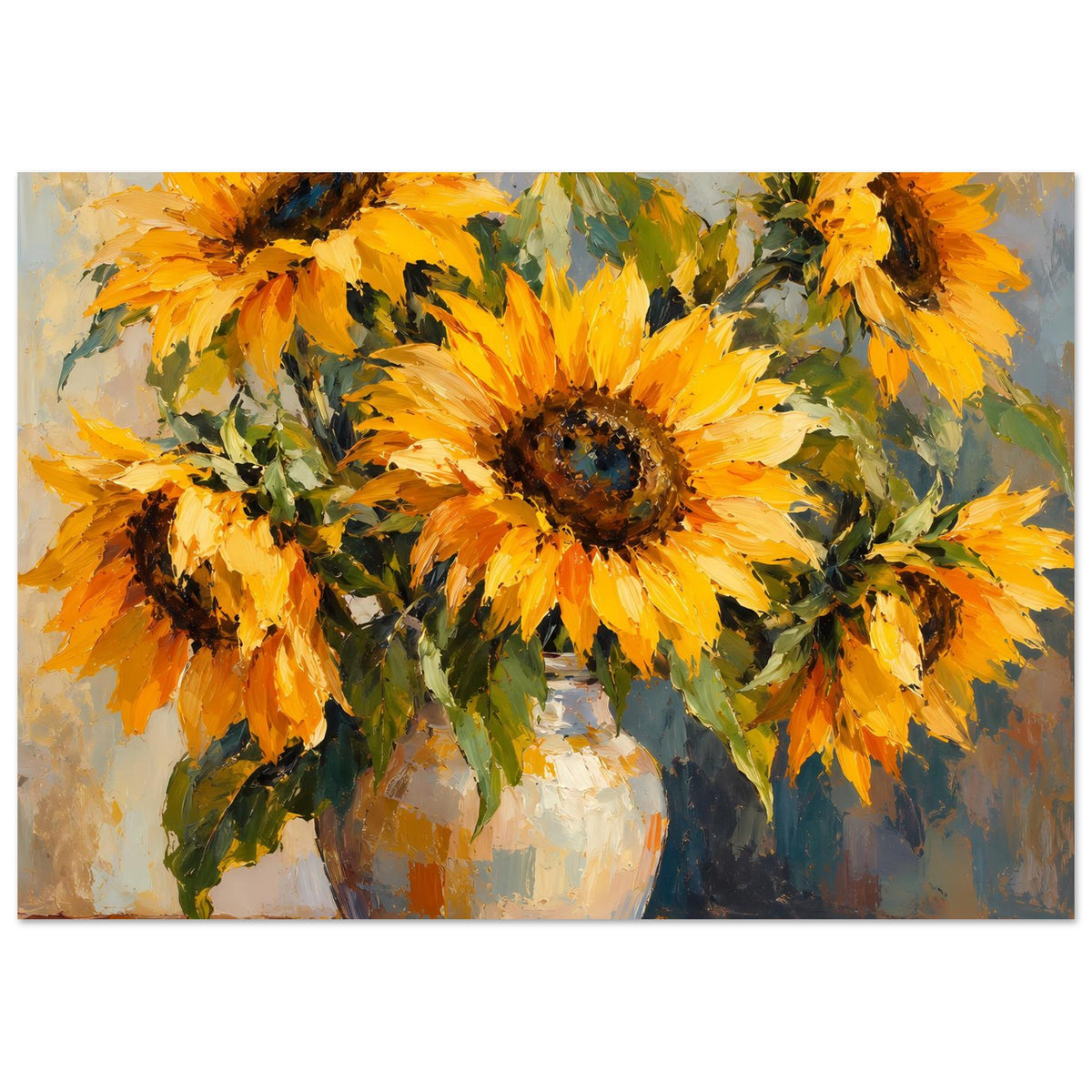 Sonnenblumen-Still-Life Poster mit gelben Blüten in Keramikvase, auf matter Papieroberfläche