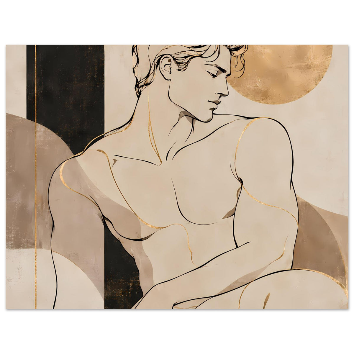 Kunstposter: Aktfigur in warmen Beige- und Brauntönen mit goldfarbenem Halbkreis