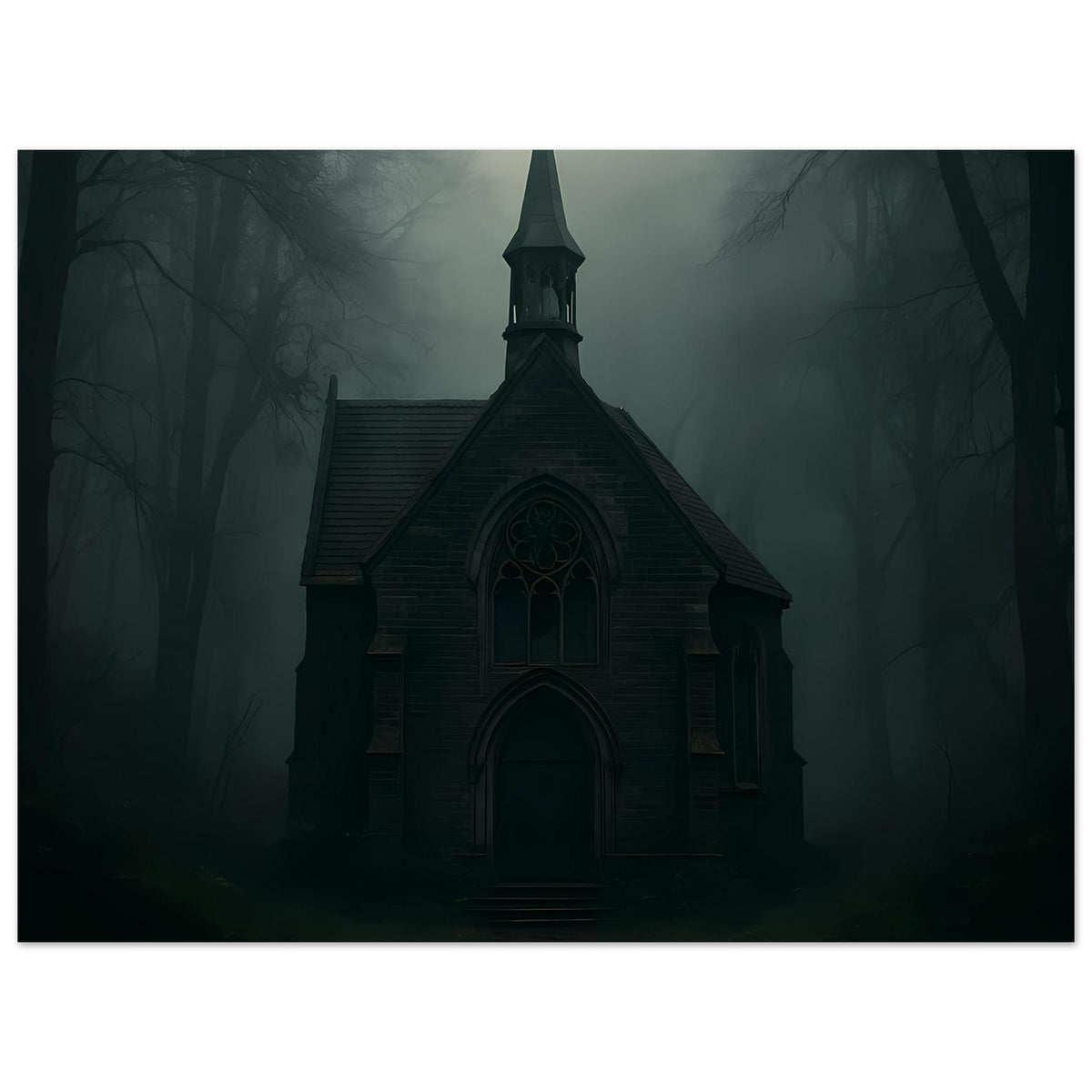 Poster mit dunkler Kapelle und Turmkreuz, zentrales Giebel- und Rundbogenfenster