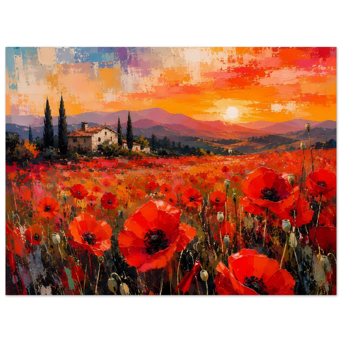 Poster: roter Mohnblumenmeer mit Landschaft im warmen Abendlicht und heller Sonne