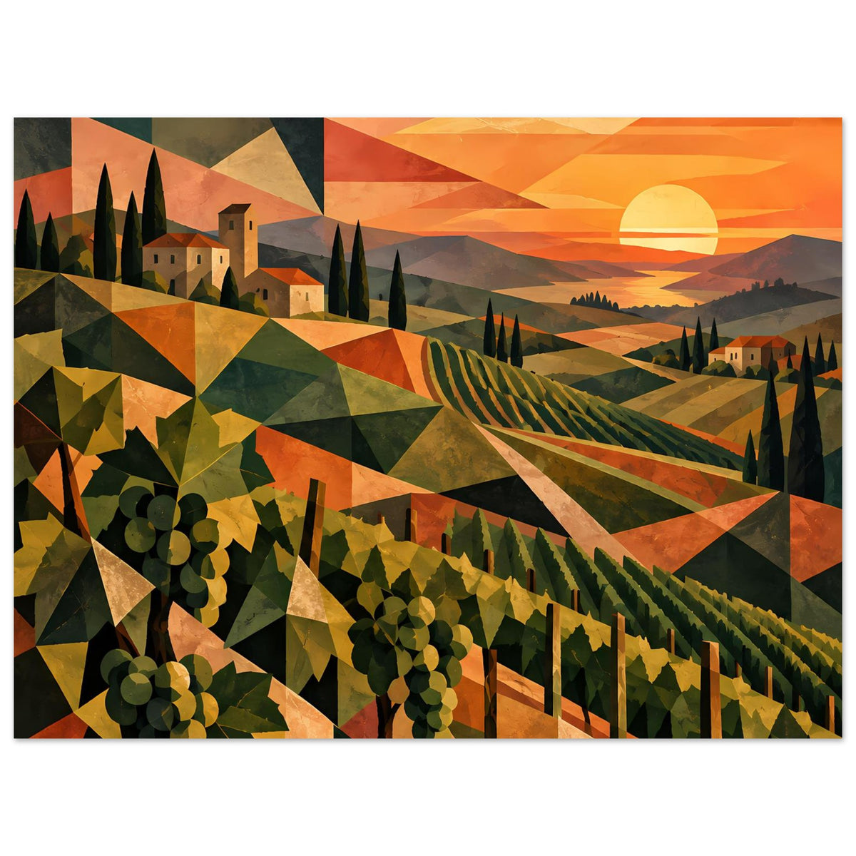 Wandposter horizontale Weinlandschaft mit geometrischen Dreiecken, runde Sonne und Häuser