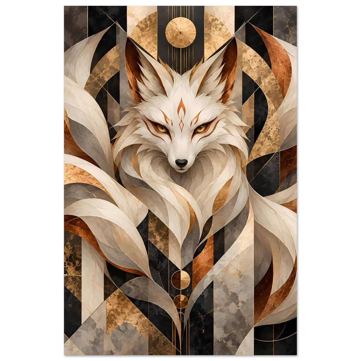 Geometrisches Poster mit Fuchs-Motiv in Erdtönen und Gold, Vollansicht