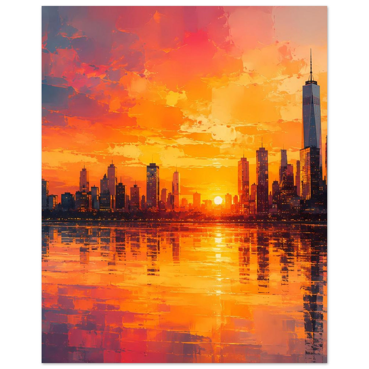 Poster mit Großstadt-Skyline im Sonnenuntergang, rechts hoher Turm und Wasserspiegelung