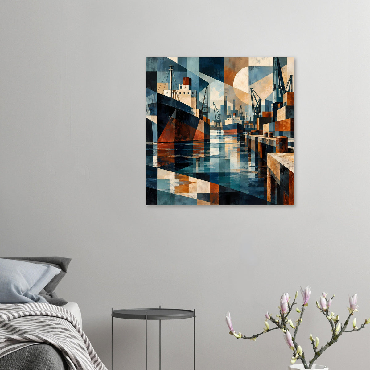 Zierendes Hafen-Poster, geometrische Schiffe und Wasser, blau-erdige Farbtöne, klein