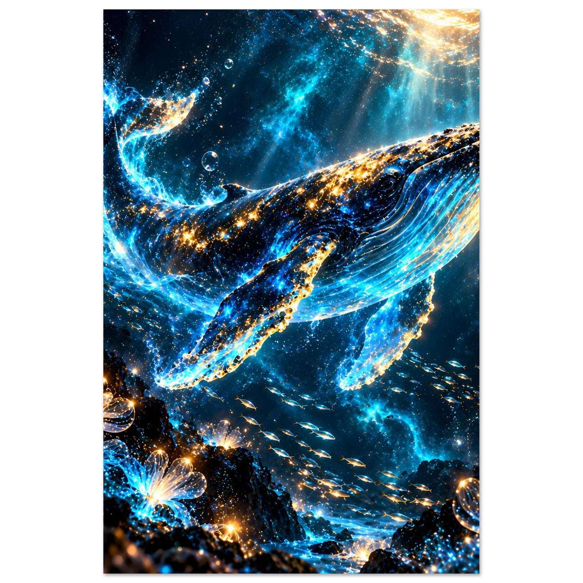 Vertikales Walmeer-Poster mit Delfin-ähnlichen Konturen, blau leuchtende Strömungen, Goldfunken