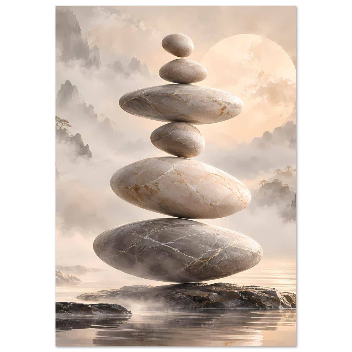 Zen-Steine in Balance vor nebligem Hintergrund in sanften Beige- und Grautönen – Posteransicht 33
