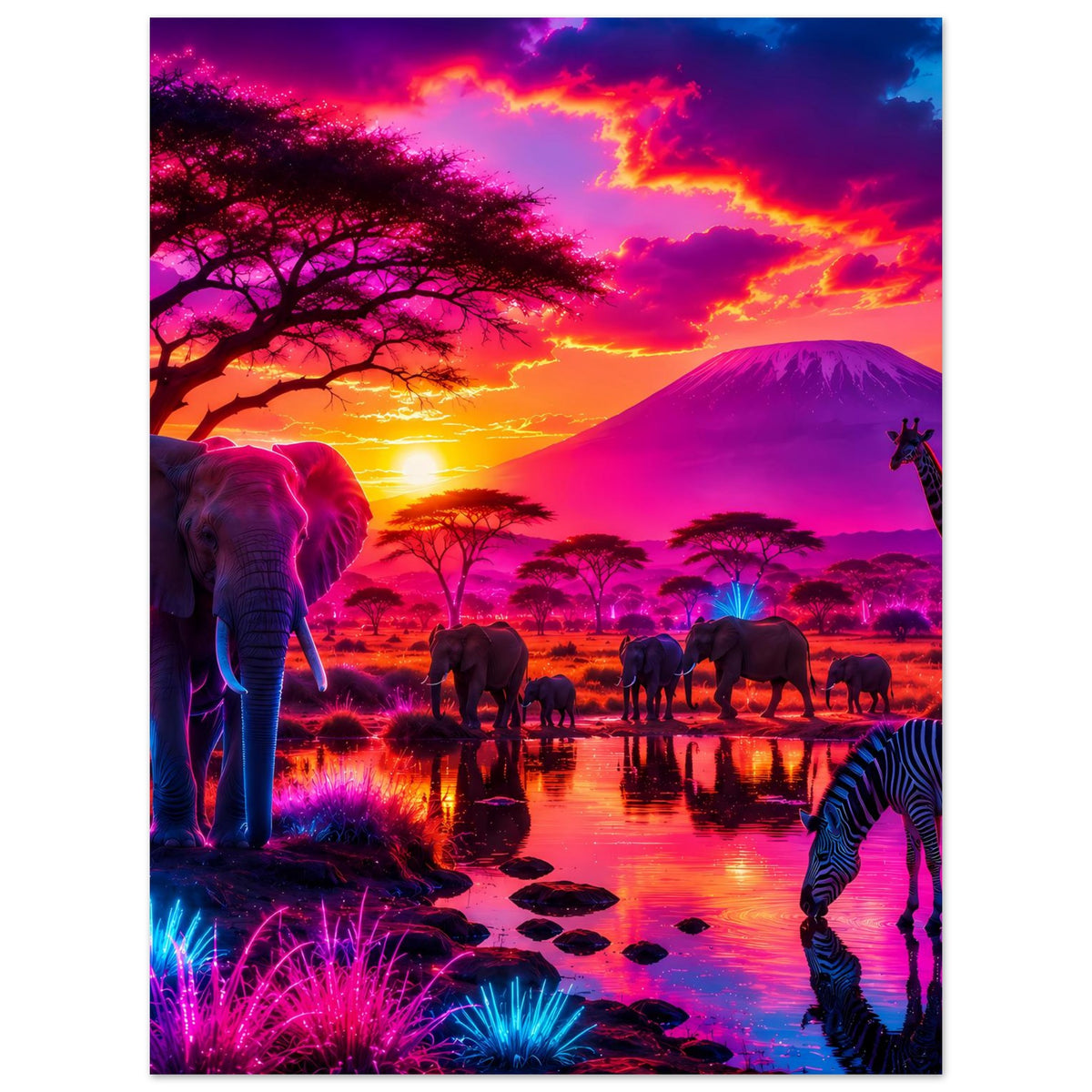 Poster mit Elefant, Giraffe, Zebras und Büffeln am Wasser bei lebendigem Sonnenuntergang