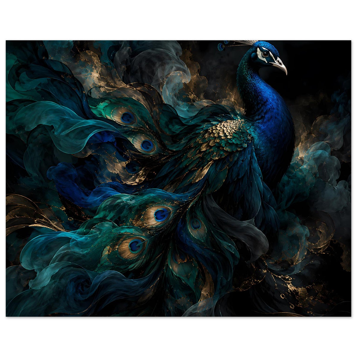 Gerahmtes Poster mit Pfau und Federaugen, Blau-Grün mit goldenen Details