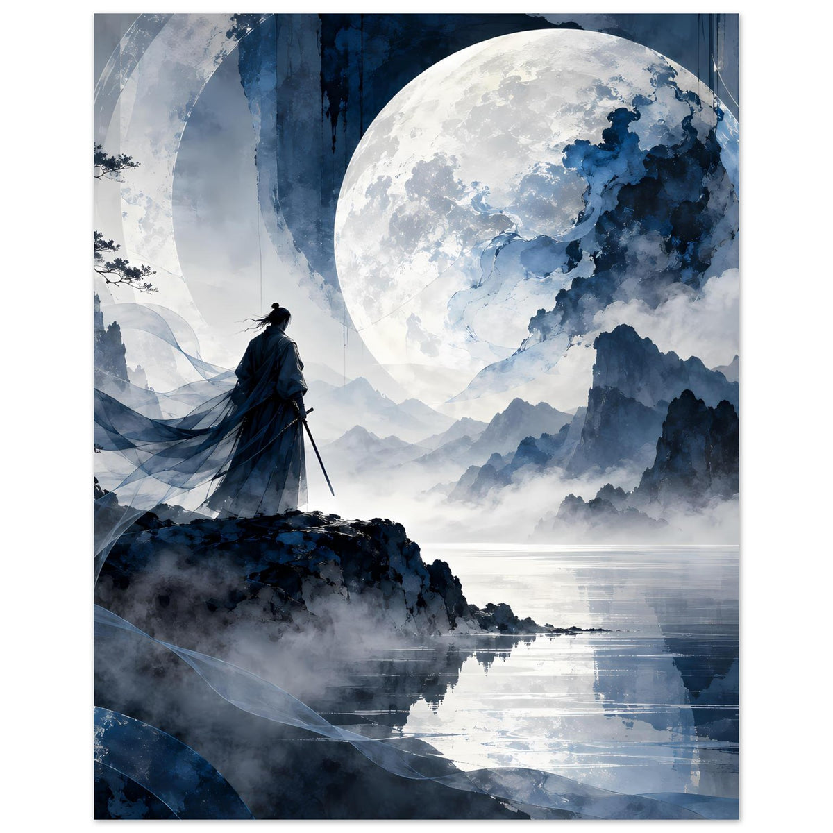 Matte Poster im Hochformat: Samuraifigur vor großem Mond über nebligen Bergen und Wasser.
