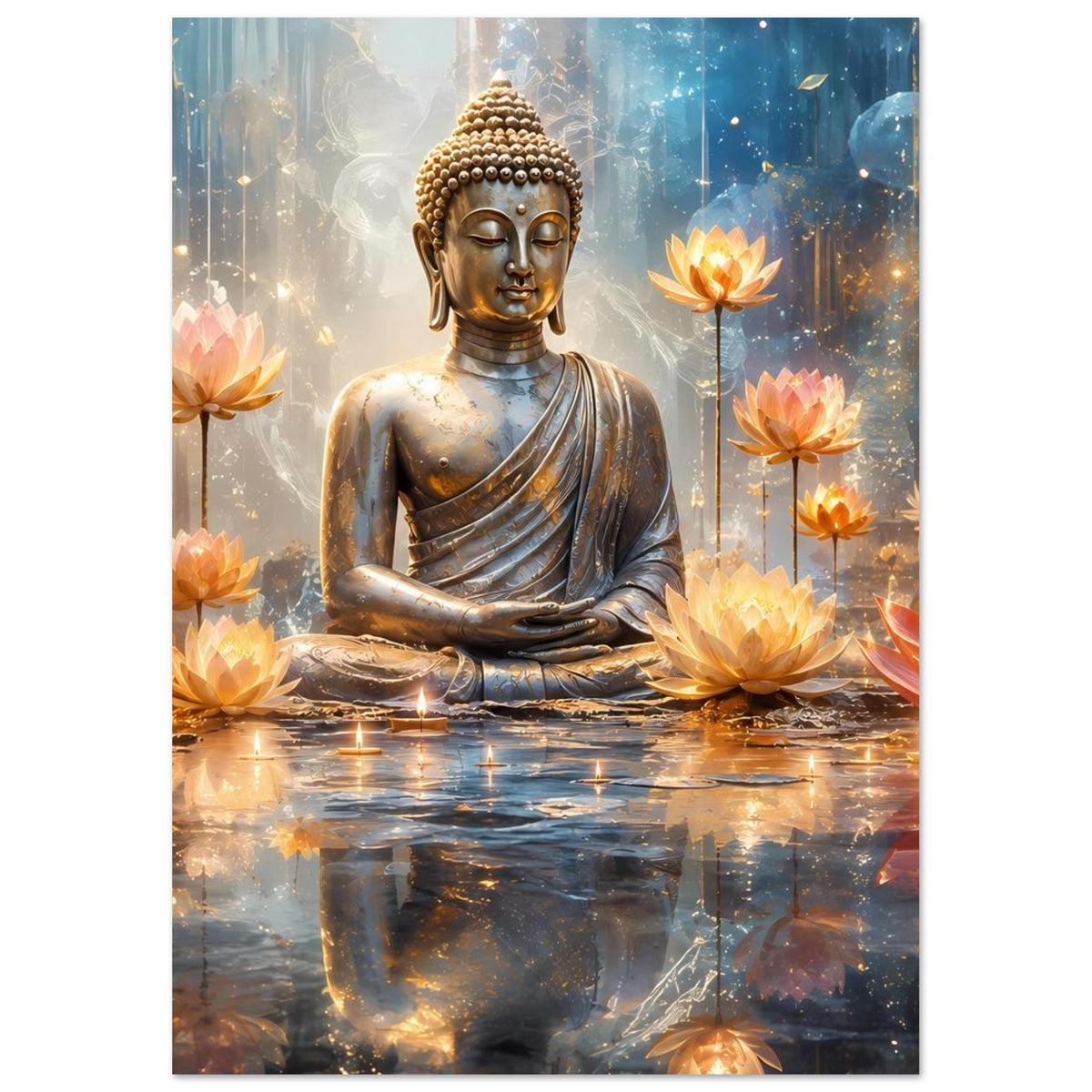 Poster mit goldfarbener Buddha-Statue und leuchtenden Lotusblüten, mittig und nah herangezoomt.