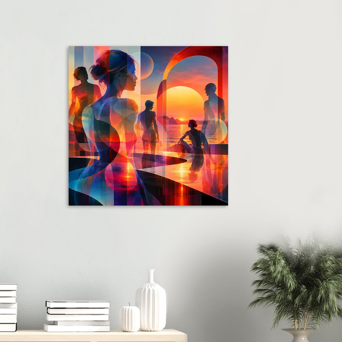 Kunstposter: abstrakte Silhouetten im Vordergrund mit orangem Sonnenkreis bei Sonnenuntergang