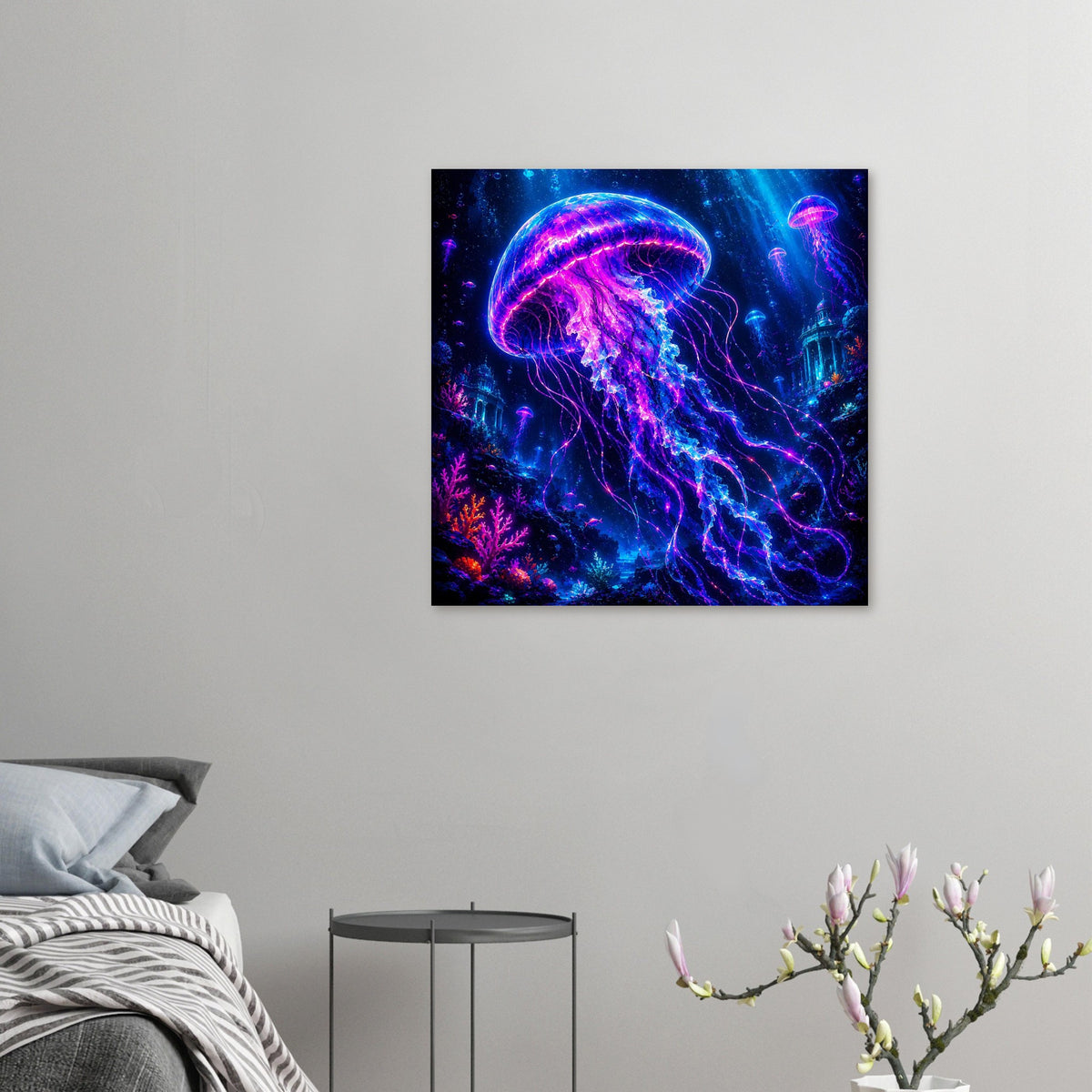 Quadratisches Wandposter: leuchtende Qualle in Neon-Violett und Pink im blauen Meer