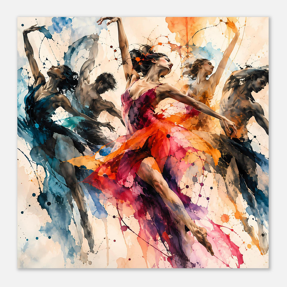 Tanzkunst-Poster mit Ballerina und abstrakten Flächen, Aquarell in Rot, Pink und kühlen Blautönen