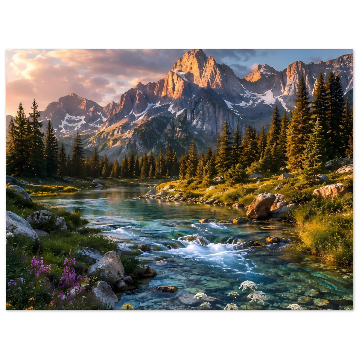 Landschaftsposter, vertikal: Alpenfluss mit Nadelwald, Felsen und dramatischem Sonnenaufgang