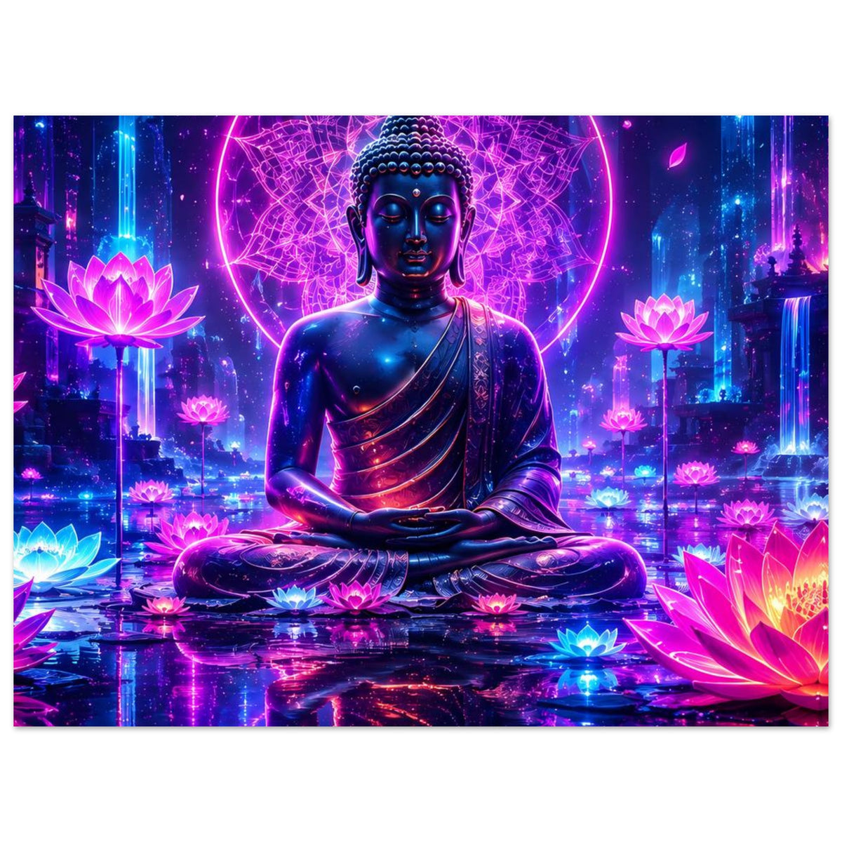 Buddha-Meditationsposter: sitzender blauer Buddha mit Neon-Zeichenkreis und leuchtenden Lotusblüten