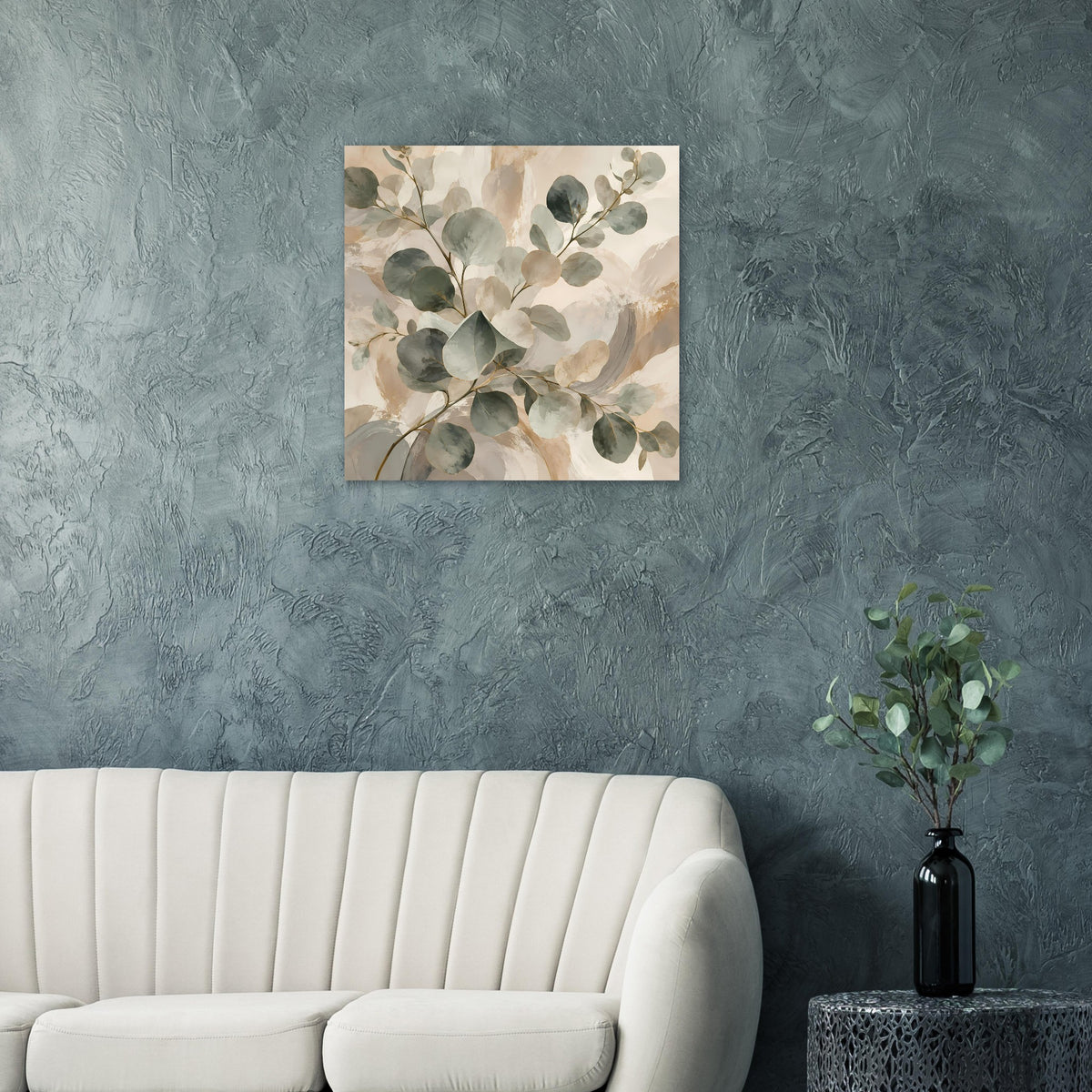 Quadratisches botanisches Poster mit Aquarellblättern in Salbeigrün und Creme-Beige
