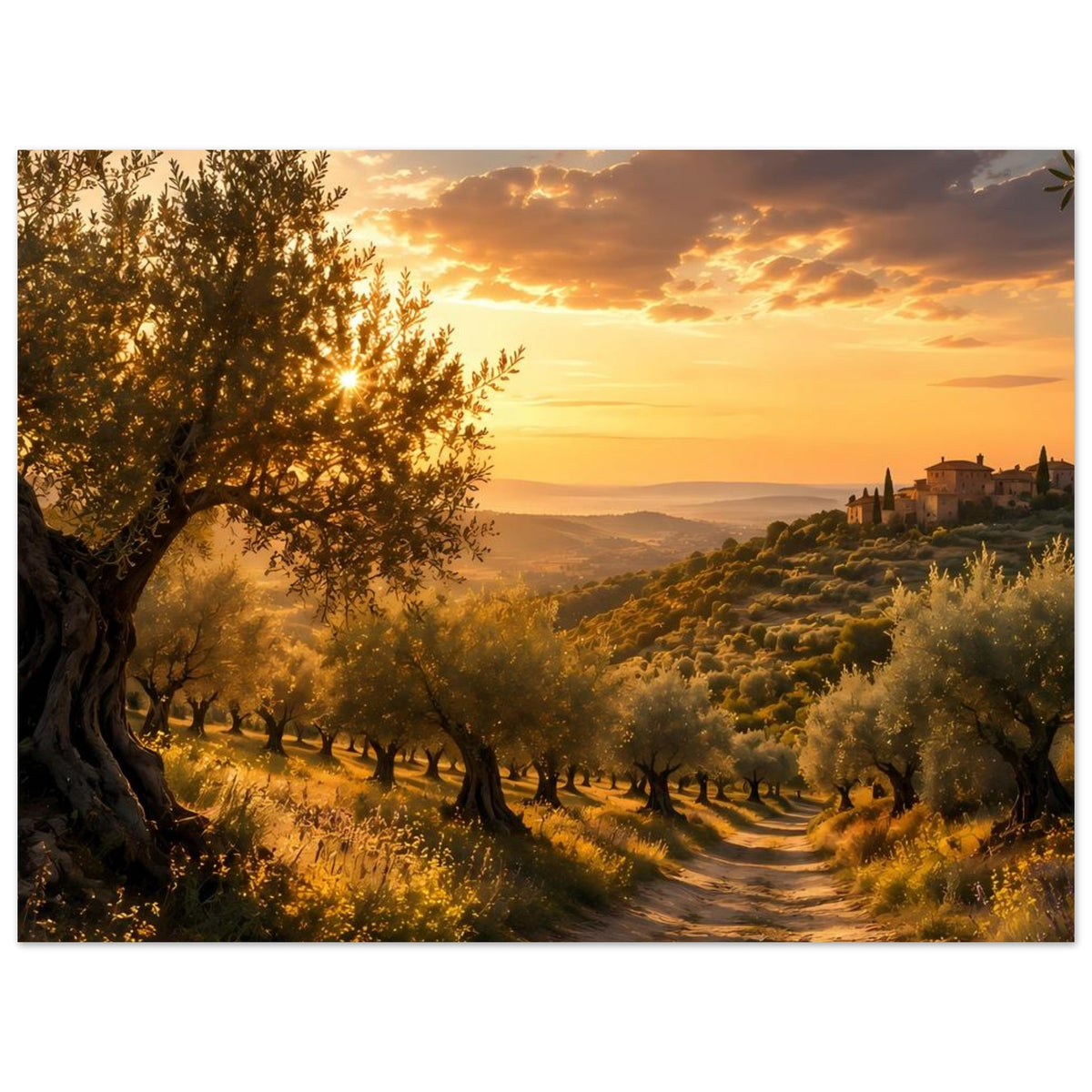 Poster mit Olivenhain, Feldweg und Dorf am rechten Rand, goldenes Abendlicht