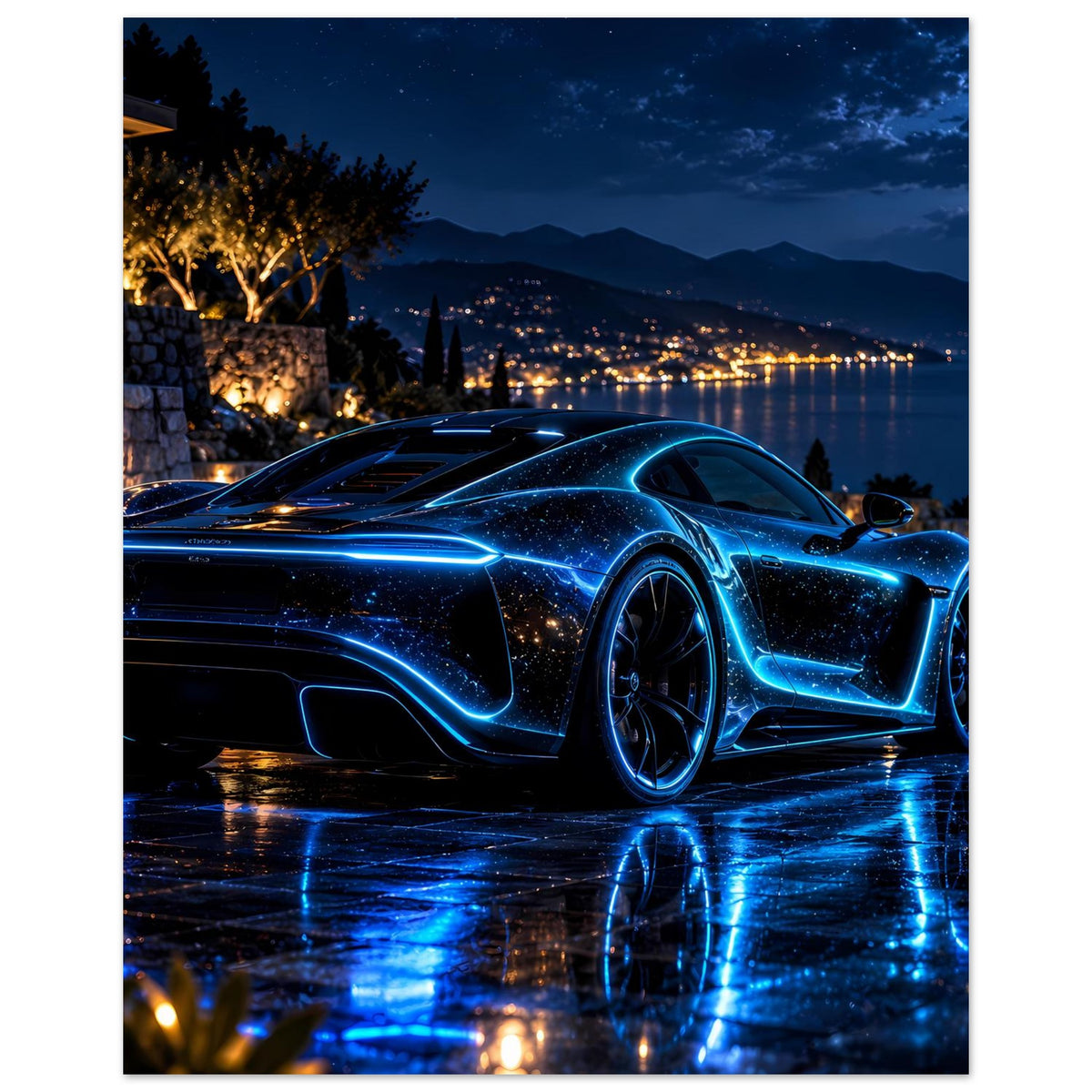 Poster, vertikal: blauer Neon-Sportwagen mit leuchtenden Konturen auf nassem Boden