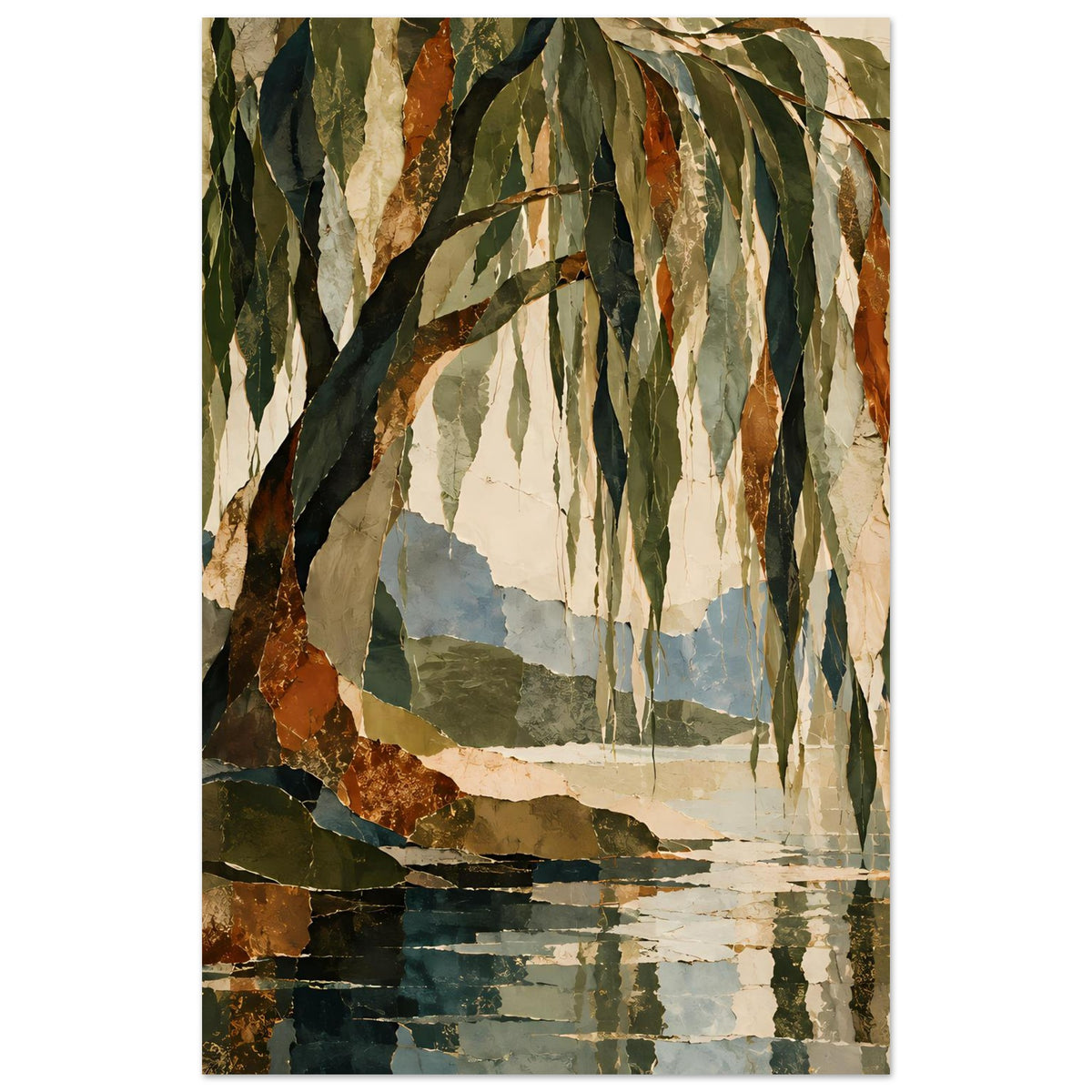 Poster mit Baumzweigen und grünen Blättern, See mit spiegelnder Wasserfläche, vertikales Motiv