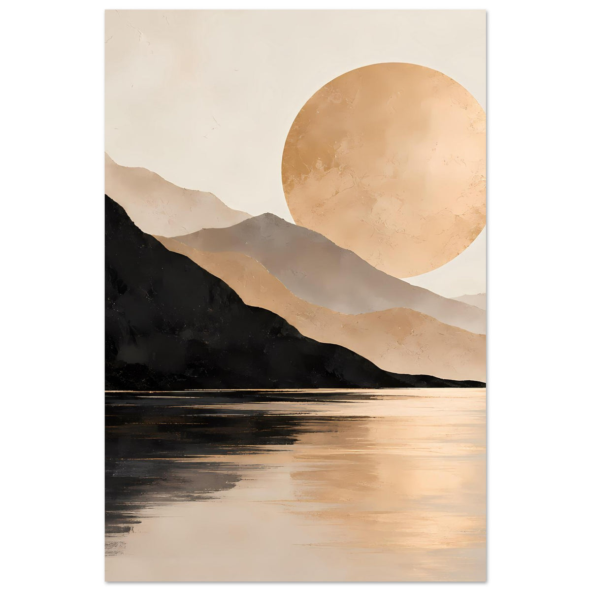 Minimalistisches Landschaftsposter mit Bergkette, See und großer goldener Sonne