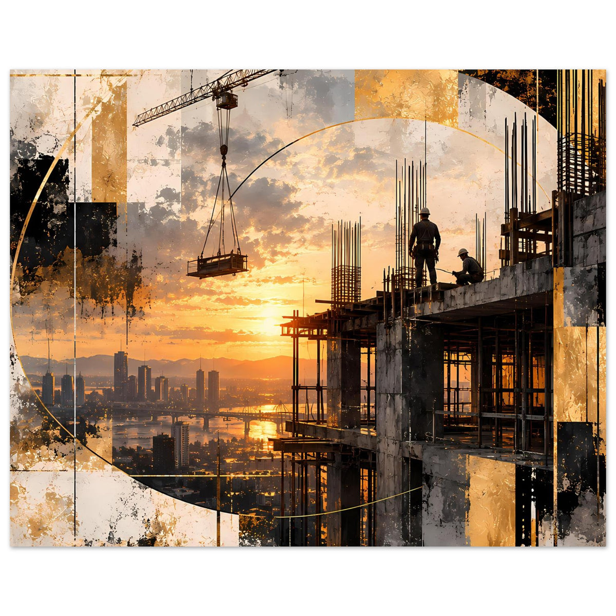 Gerahmtes Poster mit Baustellen-Kranen, Hochhäusern und Sonnenuntergang, horizontal