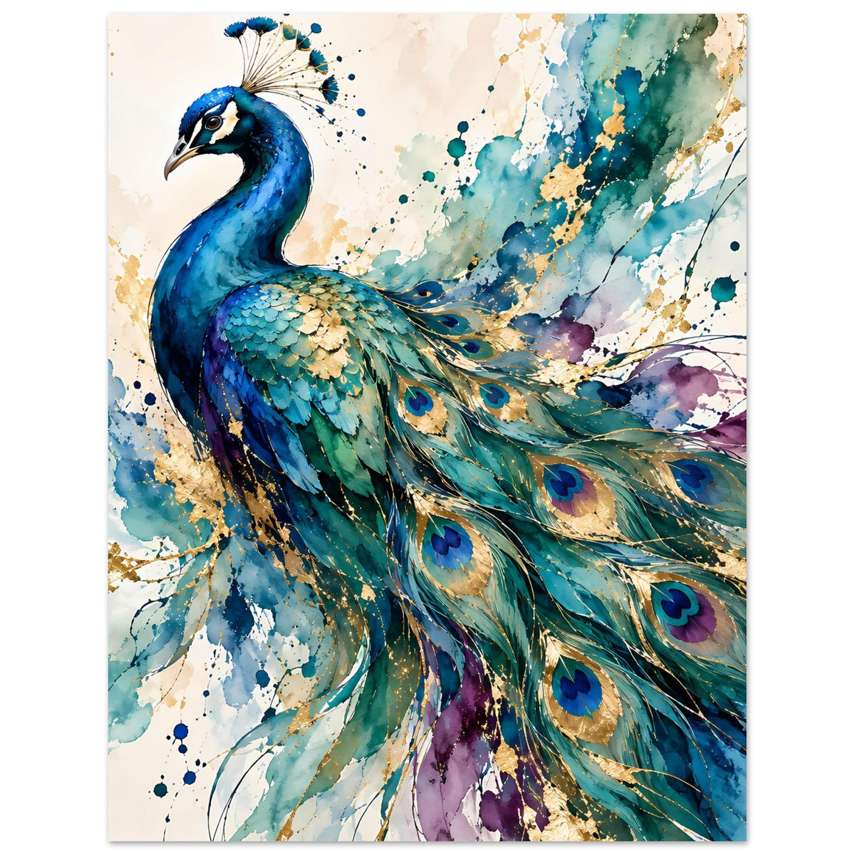 Aquarell-Poster mit Pfau im Vordergrund, blaue Flügel und grün-goldene Federaugen