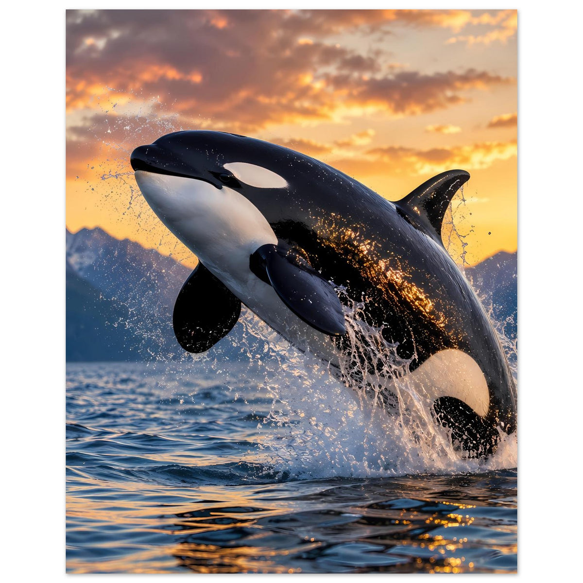 Poster mit Orca in Sprungpose, dunkler Rücken, helles Bauchfeld, seitliche Flosse sichtbar.