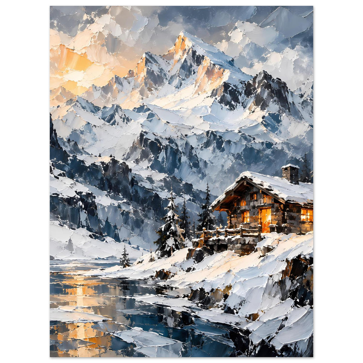 Poster mit Winteralpenblick, warm beleuchteter Berghütte und verschneiten Berghängen