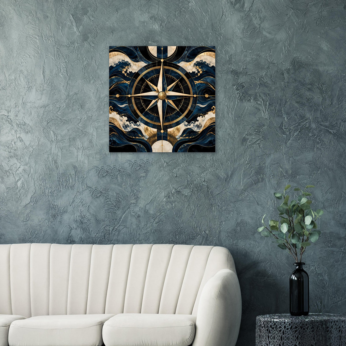 Maritimes Navigationsposter mit Kompassrose: blau-goldene Segmente und Wellenlinien