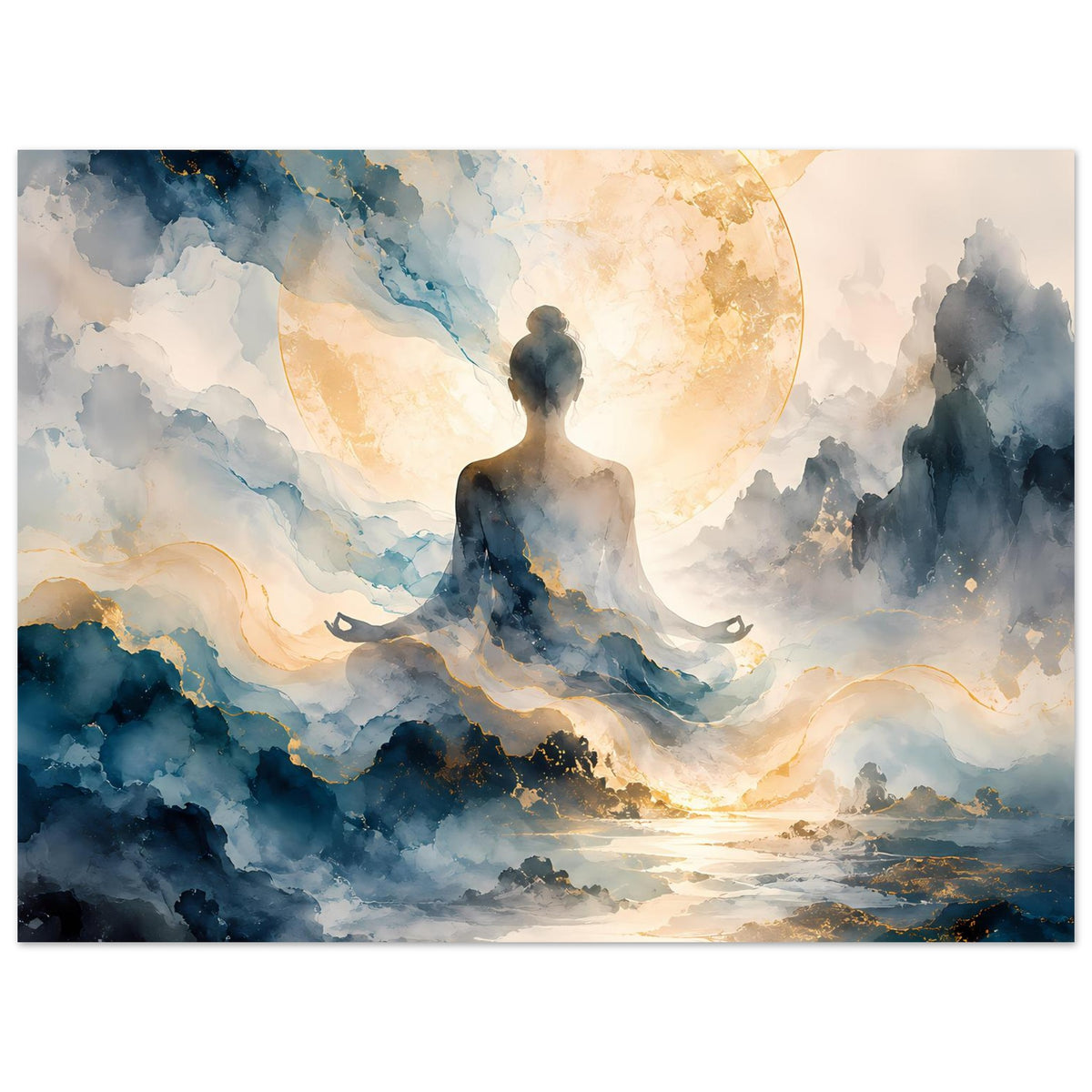 Zen-Poster: Meditationsfigur zwischen nebeligen Wolken und goldenem Mond