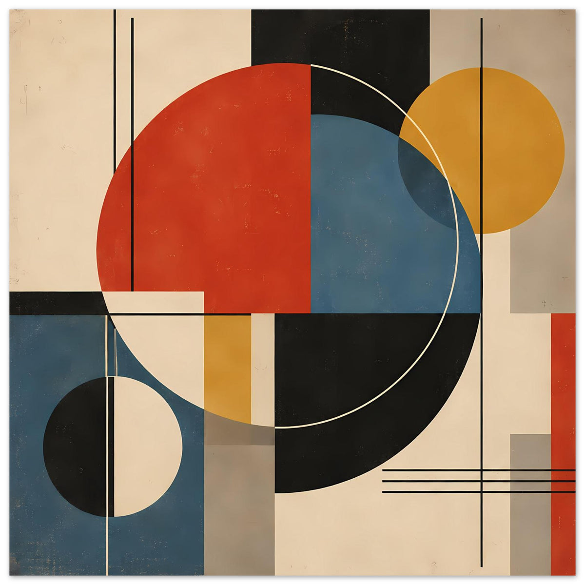 Geometrisches Kunstposter im Querformat: rote Fläche, blauer Bogen, gelber Kreis.