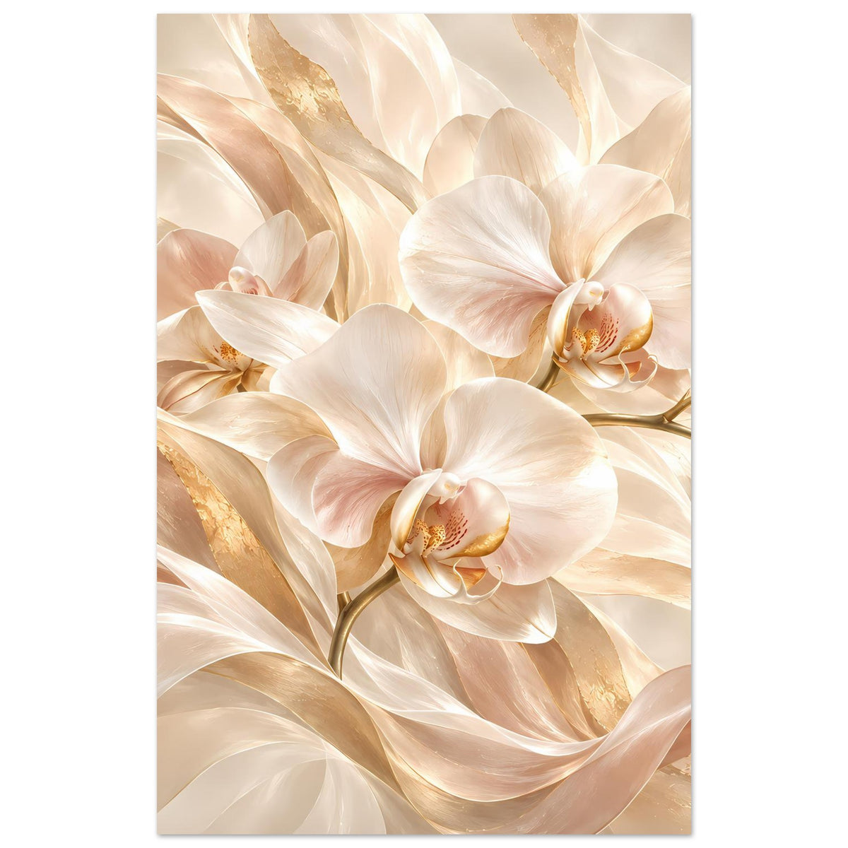 Orchideen-Poster im Hochformat mit drei weißen Orchideenblüten in Gold- und Cremetönen