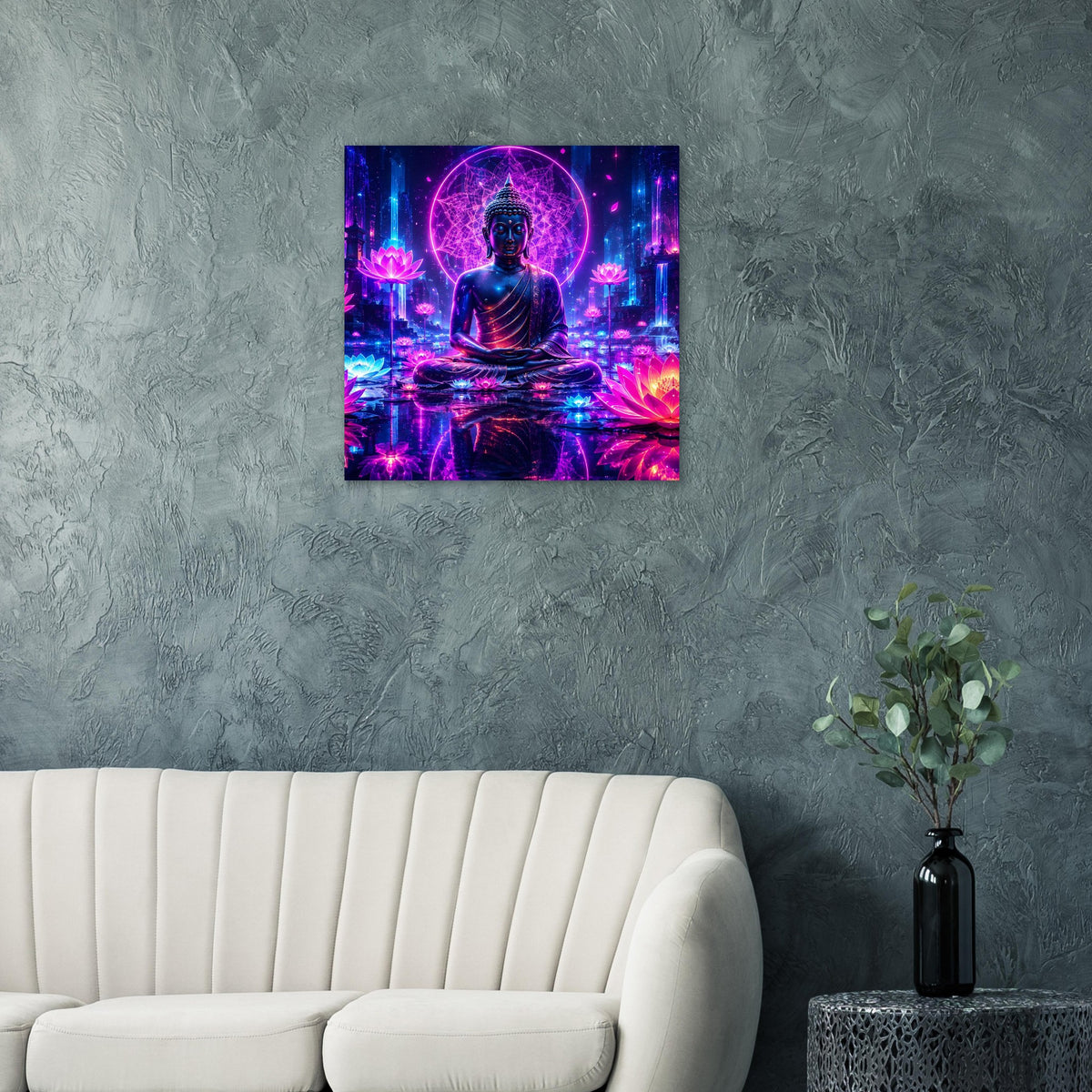 Neon Poster mit sitzendem Buddha im Leuchtkreis und leuchtenden Lotusblüten