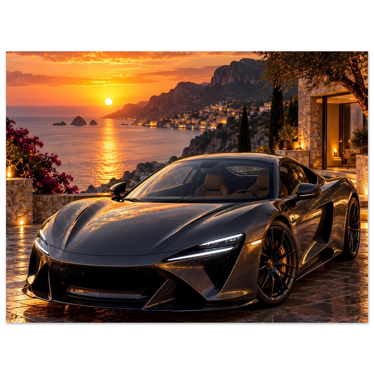 Poster-Druck mit dunklem Sportwagen bei Sonnenuntergang, horizontal, vollständige Ansicht