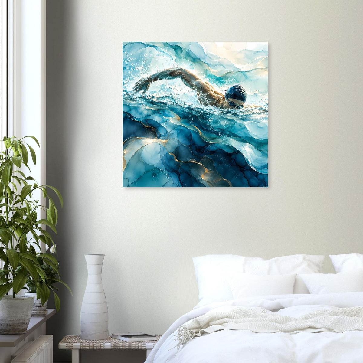 Quadratisches Poster: Schwimmer im blauen Meer mit schaumigen Wellen