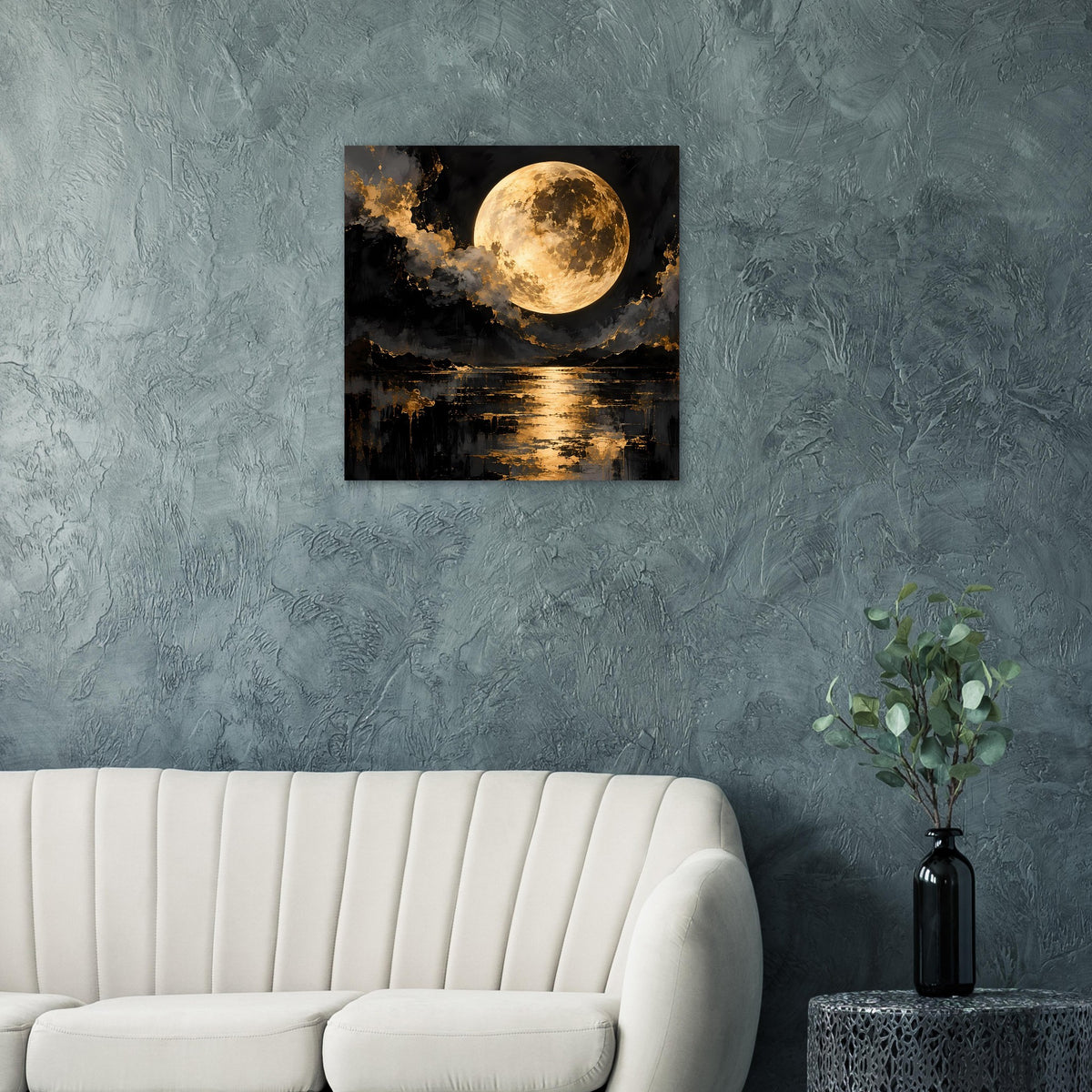 Wandposter mit goldener Mondscheibe über Wasser, schwarze Umrandung