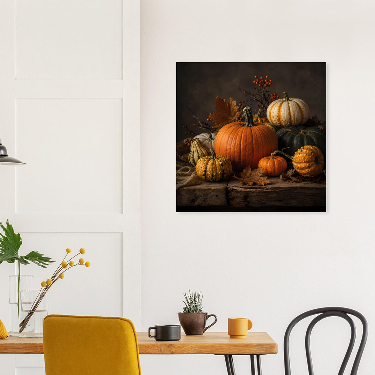 Premium-Poster mit Kürbissen verschiedener Formen auf dunkler Holzkiste, Herbstlaub