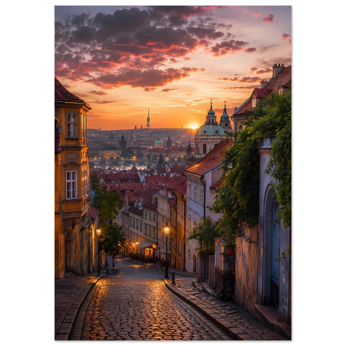 Hochformat-Poster: Abendsonne über Altstadtgasse mit Kopfsteinpflaster und Laternen