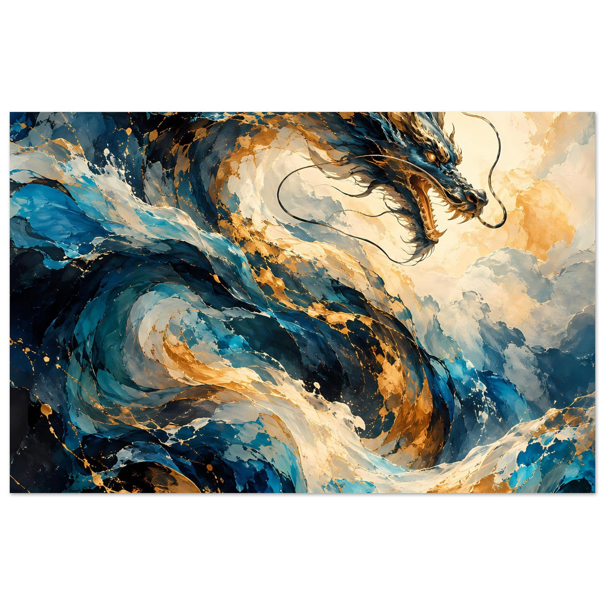 Fantasy-Drachenposter mit fliegendem Drachen, Blau- und Goldtöne, dynamische Flügelbewegung