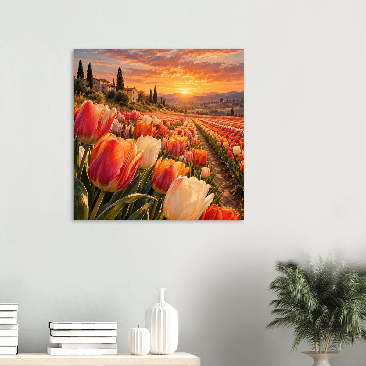 Quadratisches Poster mit Tulpenreihen im warmen Abendhimmel